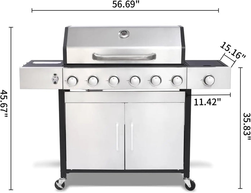 6-Burner Propane Gas BBQ Grill with Side Burner, 57,300 BTU Output, Enameled Cast Iron Grates, Heavy-Duty Stainless Steel Outdoor Grill for Backyard Barbecue by GreenHaven Gardens