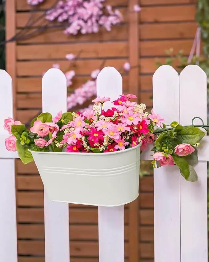 vensovo Metal Railing Planter for Outdoor Plants - 3 Pack Balcony Hanging Flower Pots with Detachable Hooks and Drain Holes Oval Bucket Rail Box Fence Planters for Home Garden Decor, White by GreenHaven Gardens