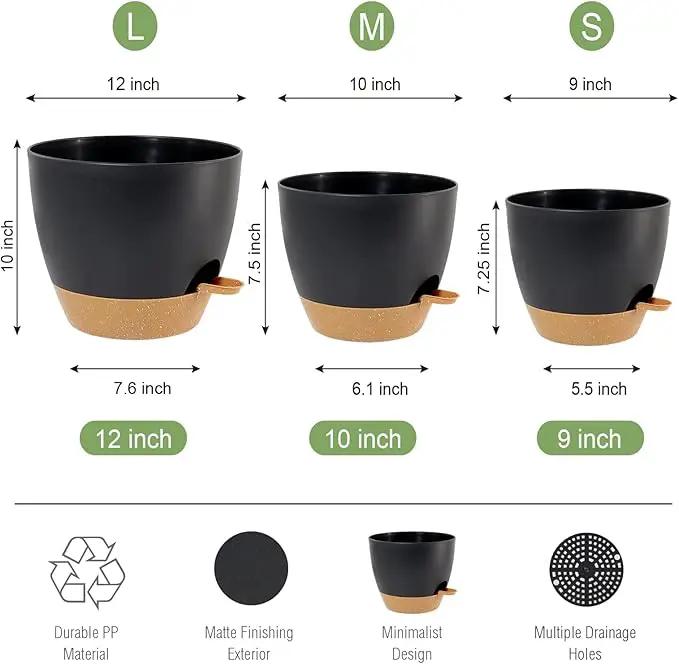 Large Self Watering Pots, 12/10/9 Plastic Planters with High Drainage Holes and Deep Reservoir for Indoor Outdoor Garden Plants and Flowers, Black with Brown by GreenHaven Gardens