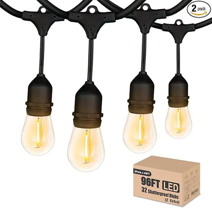 Achin Outdoor String Lights 96FT(48FT*2) Waterproof IP65 LED Patio Lights with 30+2 S14 Edison Bulbs Warm 2200K Hanging Lights Outside Shatterproof String Lights for Outside Bistro, Market, Yard by GreenHaven Gardens