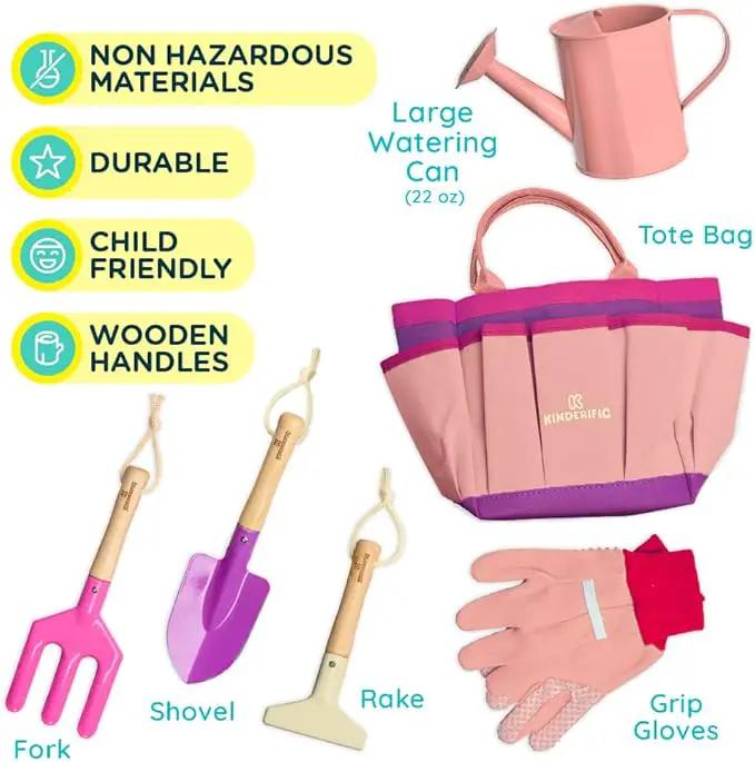 Gardening Set, Tool Kit, for Kids, STEM, Includes Tote Bag, Spade, Watering Can, Rake, Fork, Trowel and Gloves (Princess Pink) by GreenHaven Gardens