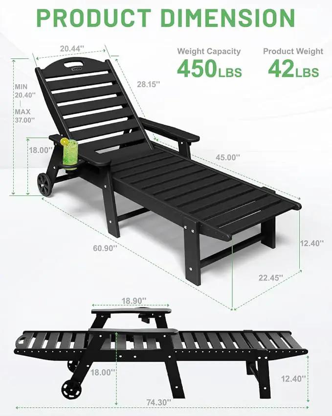 Lounge Chair Outdoor, Chaise Lounge Outdoor, HDPE 6-Position Lounge Chair for Outside, Patio Lounge Chair with Wheels & Cup Holder for Pool Poolside Deck Backyard, Black by GreenHaven Gardens