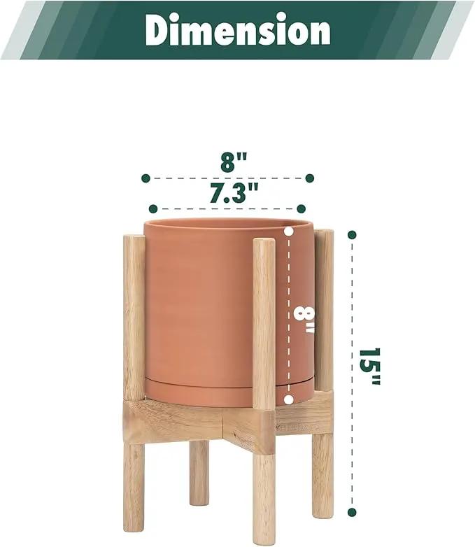 D'vine Dev Terracotta Planter with Natural Stand - 8 Inch Modern Round Flower Pot with Wood Planter Holder, Terracotta, 55-B-N-5 by GreenHaven Gardens
