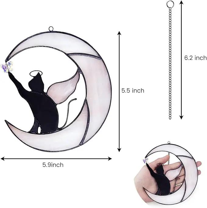 Stained Glass Suncatcher: Angel-Winged Cat Catching Butterfly on Moon - Memorial Gift for Cat Loss by GreenHaven Gardens