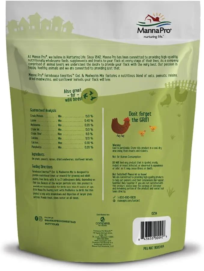Manna Pro Farmhouse Favorites Oat & Mealworm Mix Poultry Treat – Natural Protein Source – Encouraging Poultry Treat – Mix of Oats, Peanuts, Raisins, Mealworms, Sunflower Kernels – 2lbs by GreenHaven Gardens