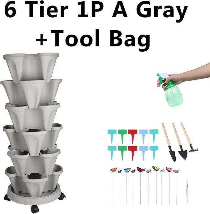 Vertical Planter, 6 Tier Stackable Strawberry Planter with Garden Tool Set, Movable Indoor/Outdoor Garden Herb Pot for Growing Vegetables and Succulents, Gray by GreenHaven Gardens