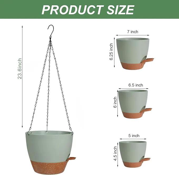 3 Pack Hanging Planter Indoor Outdoor Flower Pots 7/6.5/5 Inch, Self-Watering Hanging Pot with Drainage Holes Hanging Baskets Holder Plant Pots for Garden (Green) by GreenHaven Gardens