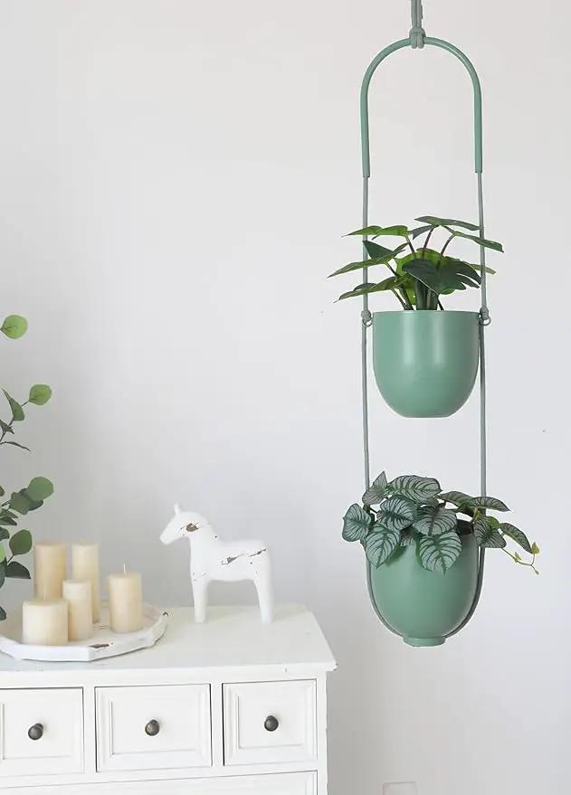 Metal Hanging Planters 2 Tiers Indoor Outdoor Modern Plant Hangers Wall Ceiling Hanging Flower Pots Baskets Kitchen Room Decor(Green) by GreenHaven Gardens