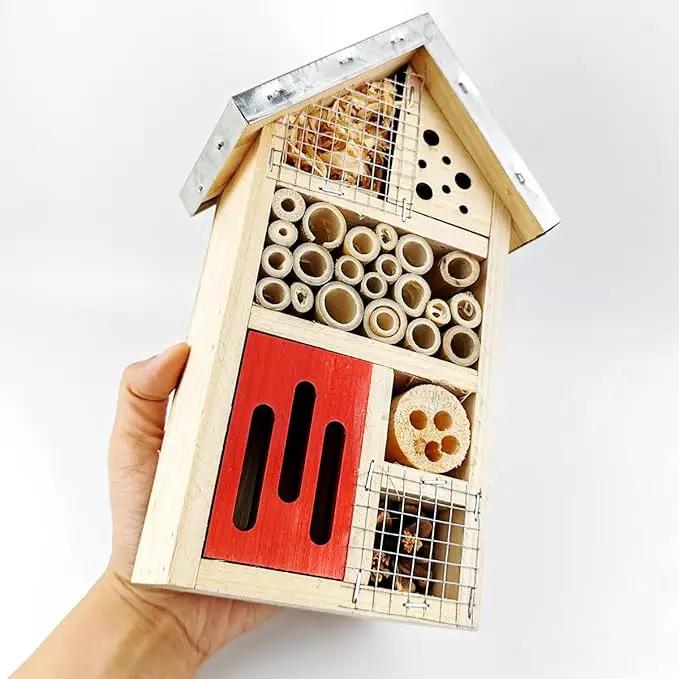 TIHOOD Natural Wooden Hanging Bee House for Gardens Natural Wooden Butterfly Hotel for Bee, Butterfly, Ladybirds, Habitat, Bee Hotel Garden by GreenHaven Gardens