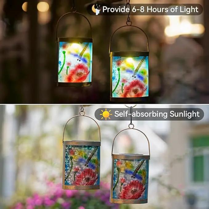 Starsoul 2 Pack Hanging Solar Lantern Outdoor Waterproof Glass Dragonfly and Lotus Decorative Solar Lights for Outside Garden Yard Table Patio Decor by GreenHaven Gardens