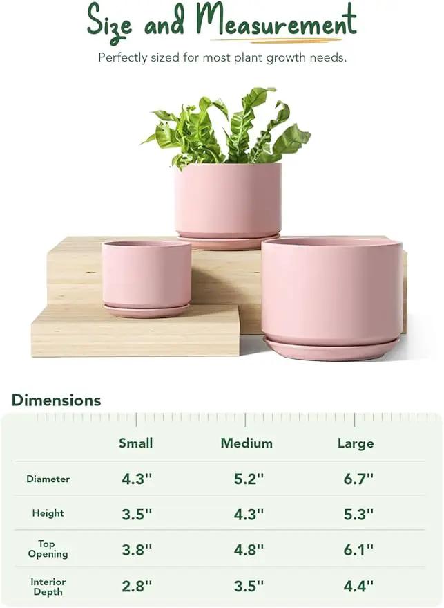 LE TAUCI Ceramic Plant Pots, 4.3+5.3+6.8 inch, Set of 3, Planters with Drainage Hole and Saucer, Indoor Flower Pot with Hole Mesh Pad, Gifts for Mom, Pink by GreenHaven Gardens