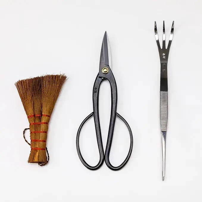 Wazakura Japanese Bonsai Garden 3PCS Tool Starter Kit, Made in Japan, Ashinaga Bonsai Scissors, Stainless Tweezers with Rake, Chinese Broom. Beginner Set with Shears, Tweezers and Soil Brush by GreenHaven Gardens