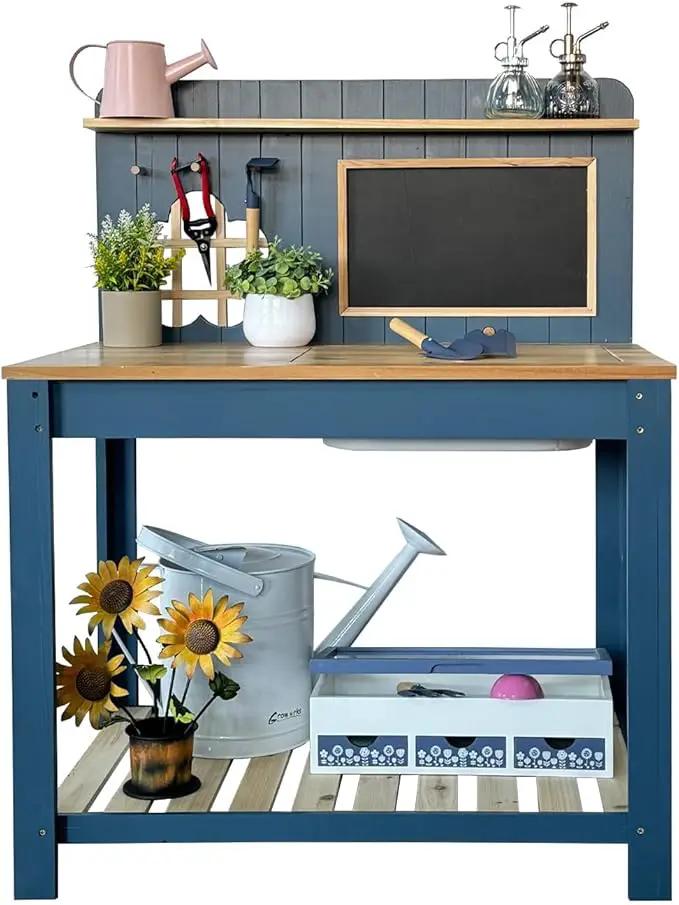 Kids Potting Bench Table Garden Workbench Outdoor Kids Garden Double-Layer Planting Table with Drawing Board Removable Sink,Wood Outdoor Play Kitchen for Toddlers,Backyard and Porch Blue by GreenHaven Gardens
