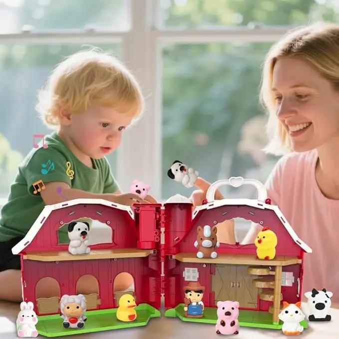 Big Musical Red Barn Toy Farm Animal Finger Puppets for 1 2 3 4 5 Years Old, Animal Figures Playset with Farm Tails Baby Book, Sensory Learning Toys Gift for Toddlers Boys Girls by GreenHaven Gardens
