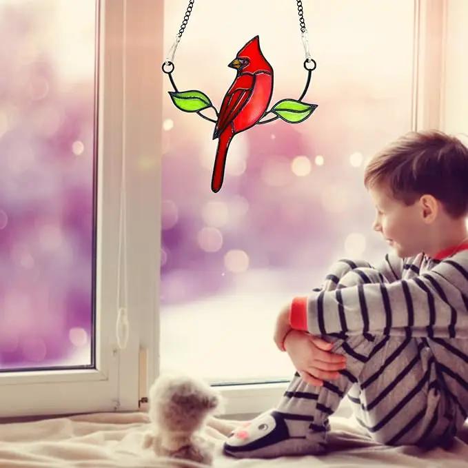 Cardinal Suncatcher, Small Stained Glass Birds Window Hanging Decoration by GreenHaven Gardens