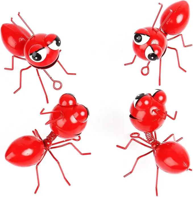 Metal Yard Art Garden Decor Cute Ant Outdoor Wall Sculptures Patio Lawn Ornament Fence Decoraions - Set of 4 Red by GreenHaven Gardens
