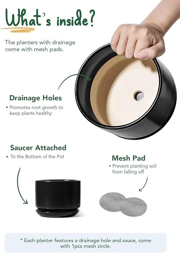 LE TAUCI Ceramic Plant Pots, 4.3+5.3+6.8 inch, Set of 3, Planters with Drainage Hole and Saucer, Indoor Flower Pot with Hole Mesh Pad, Gifts for Mom, Black by GreenHaven Gardens