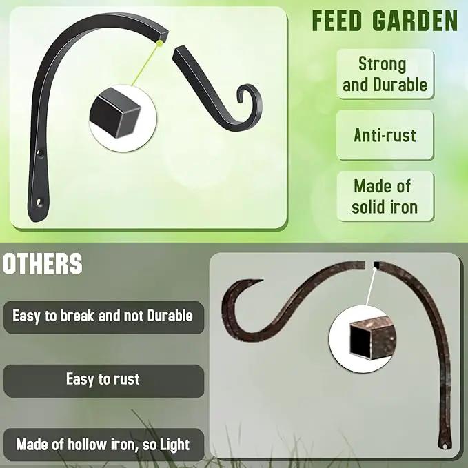 FEED GARDEN 2 Pack 8 Inch Hanging Plant Bracket Wall Hooks Decorative Plant Hangers for Outdoor Hanging Bird Feeders, Wind Chimes, Plant Baskets, Black by GreenHaven Gardens