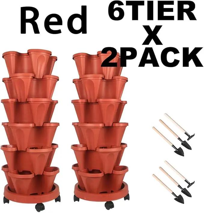 Vertical Planter 6 Tier Stackable Planters Garden Planters Strawberry Herb Flower and Vegetable Planter Indoor Outdoor Gardening Pots with Removable Wheels and Tools 2-Pack by GreenHaven Gardens