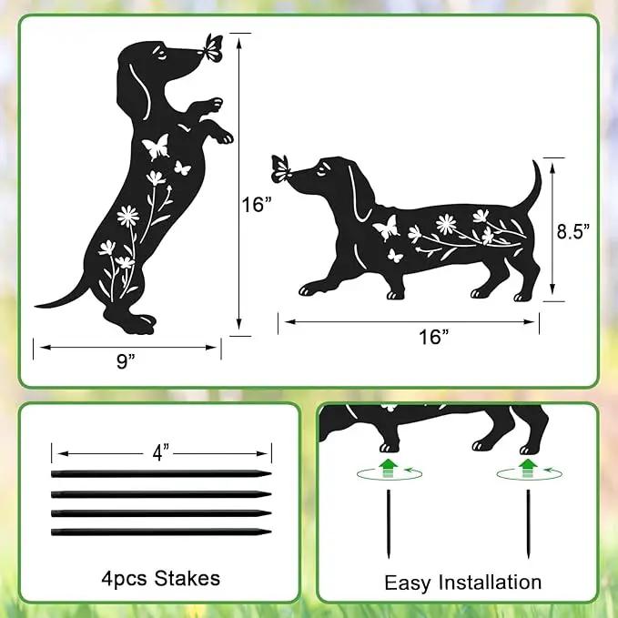 Pack 2 Dog Metal Garden Decor for Outside,Dachshund Silhouette Garden Stakes,Garden Statues for Yard,Lawn,Pathway by GreenHaven Gardens