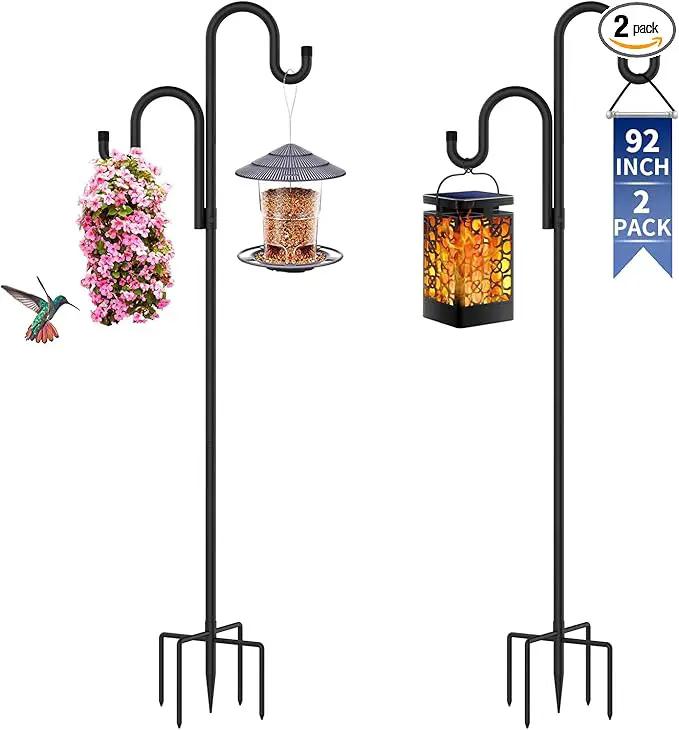Double Shepherds Hooks for Outdoor, Bird Feeder Pole with 5 Prongs Base, Heavy Duty Garden Hook for Lantern, Wind Chime and Hummingbird Feeder, 92 Inch, 2 Pack by GreenHaven Gardens
