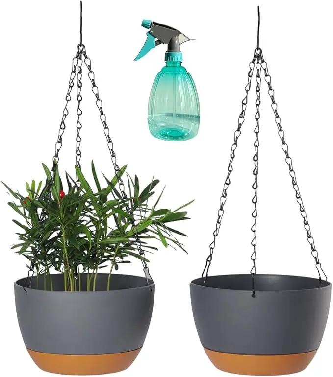 2 Pack Plastic Hanging Planters Set ,10 Inch Hanging Flower Plant Pot with Drainage Hole for Indoor Outdoor Plants, Round Hanging Basket with Removable Tray for Home Garden Porch Balcony Patio Decore by GreenHaven Gardens