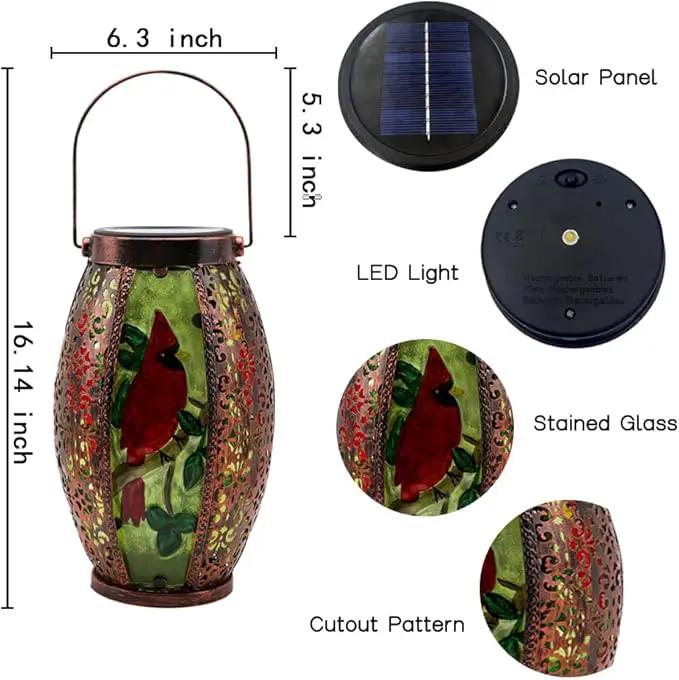 2PCS Cardinal Solar Lanterns Glass & Metal Hanging Light Outdoor Waterproof 16" H Tabletop Lamp with Hollowed-Out Design with Shepherd's Hooks for Garden Patio Table Decor, Green by GreenHaven Gardens