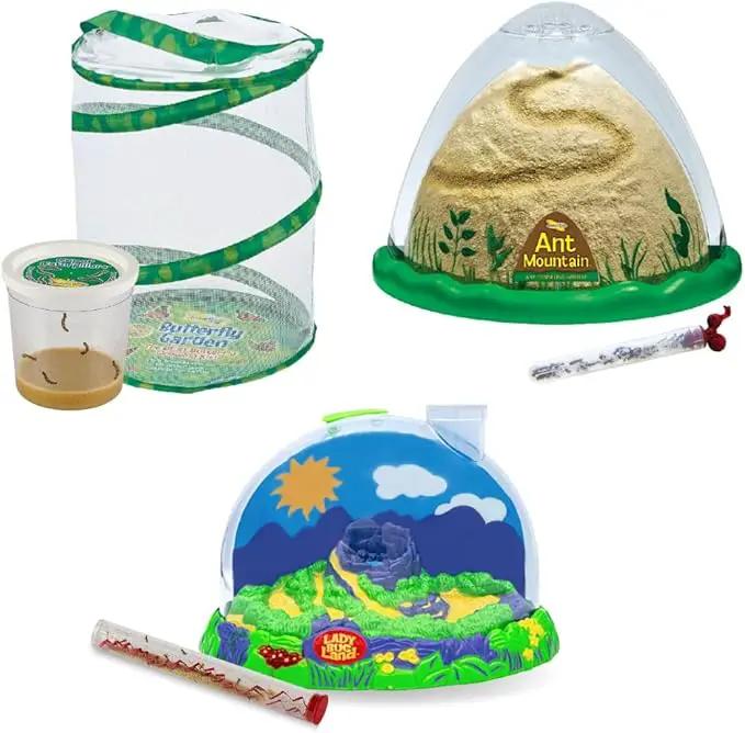 Insect Lore Bug Camp Bundle | Butterfly Kit with 1 Cup Live Caterpillars | Ladybug Land with 1 Tube Live Larvae | Ant Mountain with 1 Tube Live Western Harvester Ants | Life Cycle Figurines & More by GreenHaven Gardens