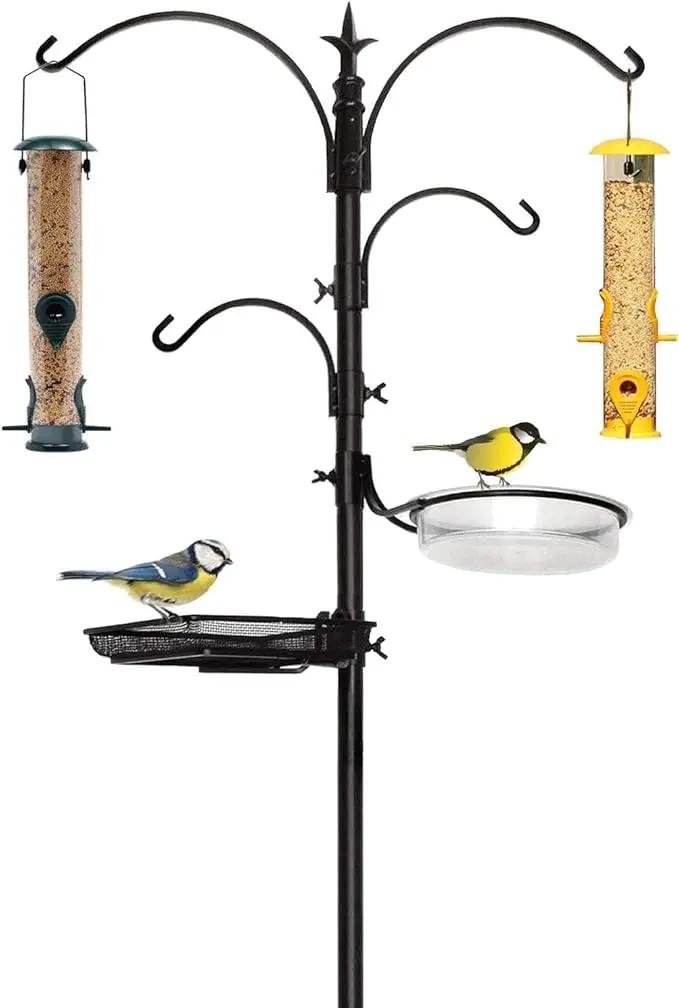 Premium Bird Feeding Station with 2 Bird Feeders Included for Outside - Multi Feeder Pole Stand Kit with 4 Hangers, Bird Bath and 5 Prong Base for Attracting Wild Birds - 22 Inch Wide x 91 Inch Tall by GreenHaven Gardens