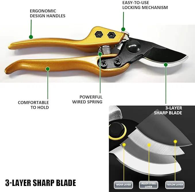 BUGUI 8" Heavy-Duty Pruning Shears, Professional Bypass Gardening Scissors, 1" Cutting Capacity, Sharp Garden Clippers with Low-friction Painted Stainless Steel Blade (Gold) by GreenHaven Gardens