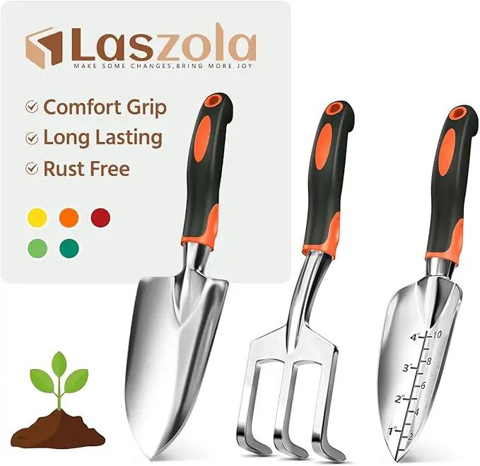 LASZOLA 3 Piece Garden Tool Set Include Hand Trowel Rake and Transplant Shovel for Women, Indoor Heavy Duty Small Spade Kit with Ergonomic Handle to Weed and Loosen, for Mom and Plant Beginner, Orange by GreenHaven Gardens