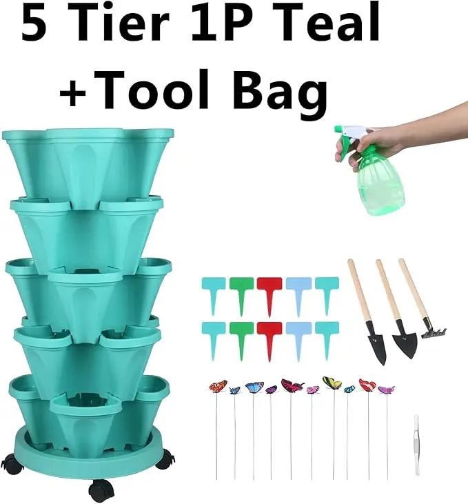 Vertical Planter, 5 Tier Stackable Strawberry Planter with Garden Tool Set, Movable Indoor/Outdoor Garden Herb Pot for Growing Vegetables and Succulents, Teal by GreenHaven Gardens