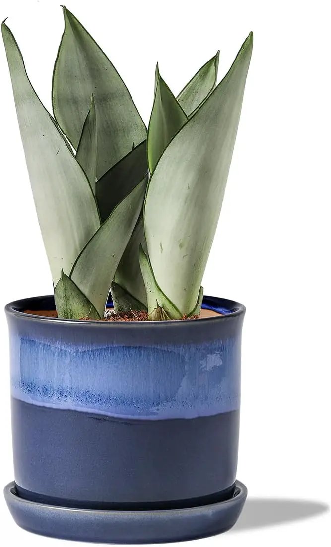 5.8 Inch Plant Pot: Ceramic Planter with Drainage Hole & Saucer - Gradient Blue Flowerpot for Indoor & Outdoor Plants with Separate Tray by GreenHaven Gardens