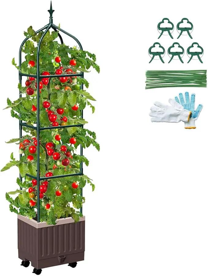 Raised Garden Bed Planter Boxes with Trellis,1pcs 70.9"Self-Watering Tomato Planter Boxes with Trellis for Climbing Vegetables Plants Flowers Tomato with Wheels,Use for Indoor Outdoor (Brown) by GreenHaven Gardens