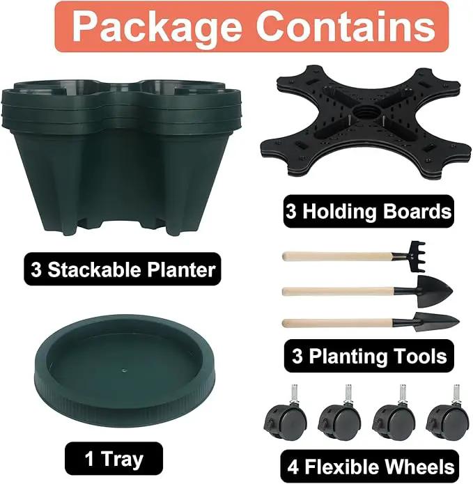 Vertical Planter 3 Tier Stackable Planters Garden Planters Strawberry Herb Flower and Vegetable Planter Indoor Outdoor Gardening Pots with Removable Wheels and Tools 2-Pack by GreenHaven Gardens