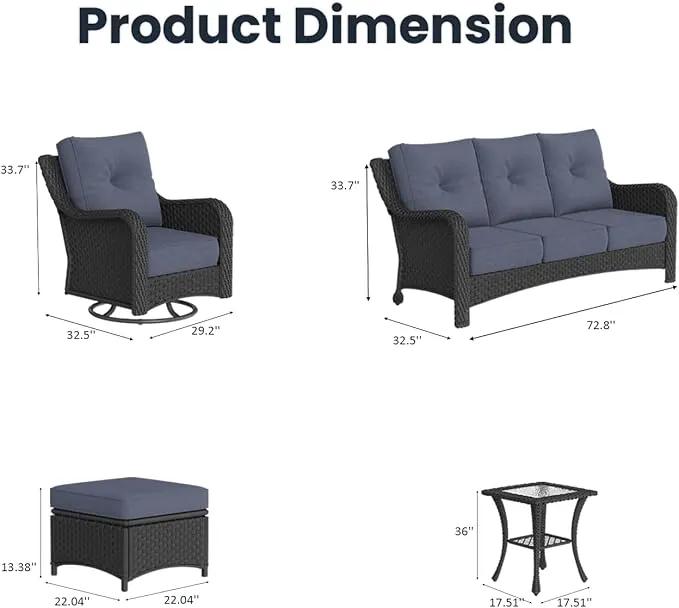 7 Pieces Outdoor Patio Furniture Sets with Rocking Swivel Chairs with 6-inch Thick Cushion and Side Table for Deck Lawn by GreenHaven Gardens