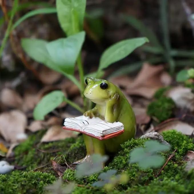 Miniature Small Frog Reading Book,Rabbit Reading Book with Bird， Animal Figurines Fairy Garden Supplies Terrarium Accessories DIY Miniature Garden (Miniature Small Frog Reading Book) by GreenHaven Gardens