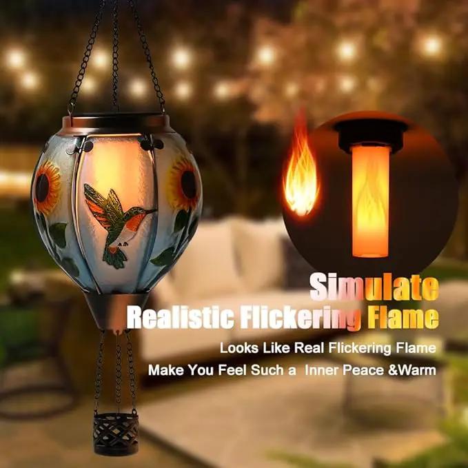 Hot Air Balloon Solar Lantern - Simulated Flickering Flame Hummingbird Glass Lantern, Outdoor Hanging Sunflower Yard Light Waterproof IP65 & Weather Resistant for Garden Patio Lawn Porch Decor Gfit by GreenHaven Gardens