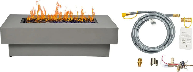 48-inch Fire Table with Natural Gas Conversion Kit, 50,000BTU Outdoor Modern Patio Fire Pit Table w/Rectangular Burner Lid, Glass Rocks, Cover by GreenHaven Gardens