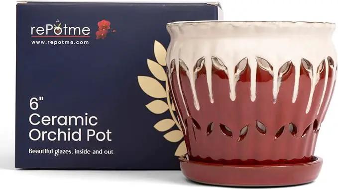 rePotme 6 inch Pinwheel Fluted Ceramic Plant Pot (Cream Over Garnet) - Includes Free 6 inch Slotted Pot Liner - Great for Orchids, Succulents, and All Indoor Plants by GreenHaven Gardens