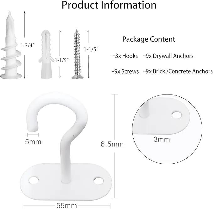 Ceiling Hooks for Hanging Plants-Metal Heavy Duty Wall Mounted Hangers for Hanging Bird Feeders, Planters, Wind Chimes, Include Professional Drywall Anchors (Pure White) 3 Pack by GreenHaven Gardens