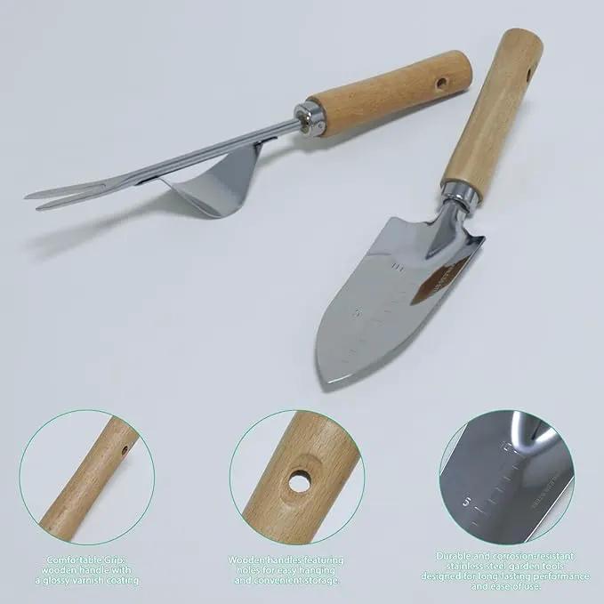 LeMotech Garden Tool Set, 2Pcs Gardening Hand Tools, Stainless Steel Transplant Shovel and Weeder with Beech Handle, Outdoor Gardening Kit for Women Men by GreenHaven Gardens