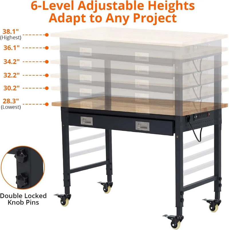48x24 Inch Garage Workbench with Wheels, Adjustable Rubber Wood Top Garage Workbench with Power Outlet, 2000 Lbs Load Capacity for Workshop, Woodworking, Office by GreenHaven Gardens