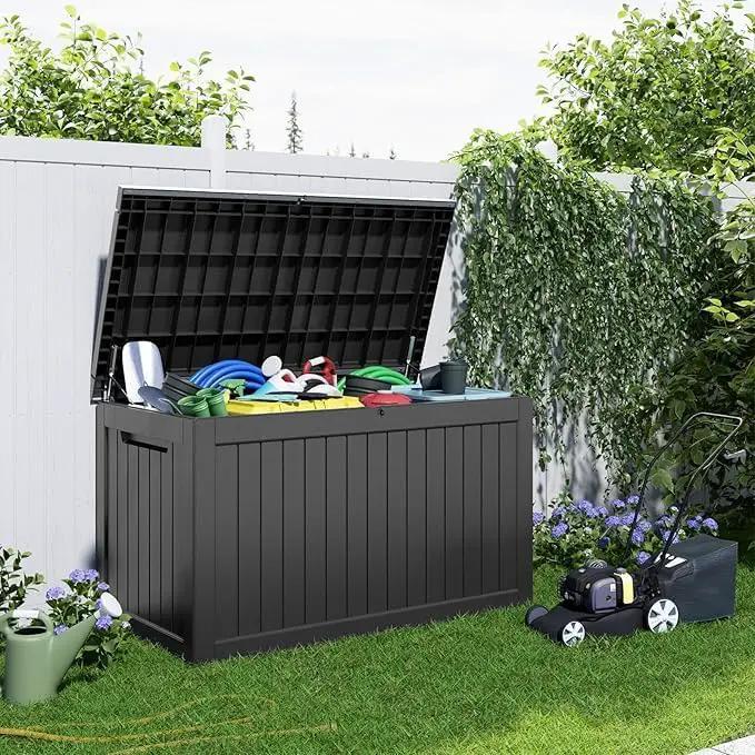 230 Gallon Resin Deck Box, Lockable Patio Outdoor Storage Box for Furniture, Garden Tools and Tools Storage, Waterproof Outside Storage Boxes - Black by GreenHaven Gardens
