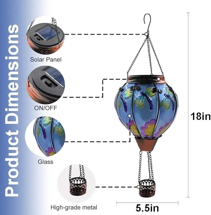 Hot Air Balloon Solar Lantern with Flickering Flame, Glass Hanging Garden Lights Outdoor Waterproof for Tree Yard Patio Mother's Day Gift, 18" H Dragonfly by GreenHaven Gardens