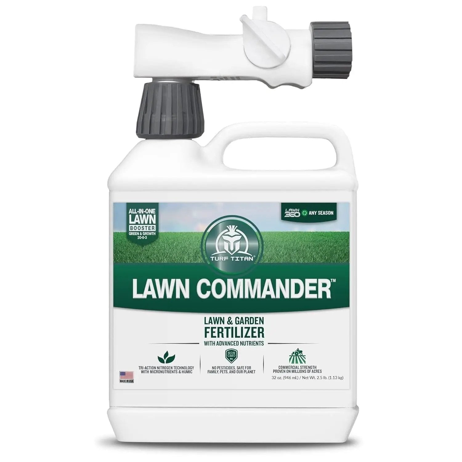 Turf Titan Lawn Commander – All-in-One Lawn Booster and Fertilizer (32 oz) – Peak Growth & Green Grass for All Seasons – Tri-Action Nitrogen Tech - Hose End Lawn Sprayer – Covers up to 8,000 Sq Ft by GreenHaven Gardens
