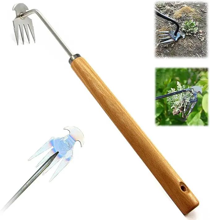 Weeding Artifact Uprooting Weeding Tool, Multifunctional Weeder, Hand Weeder Tool, 4 Teeth Stand Up Weed Puller Tool with Handle for Garden Yard Farm Weed Removal (16in, Extra Long Wood Handle) by GreenHaven Gardens