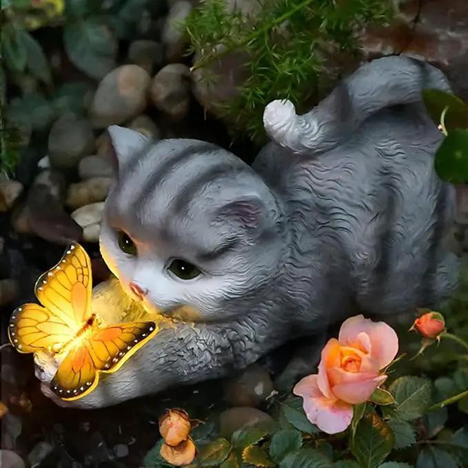 Solar Garden Statue Cat,Garden Figurine Outdoor Decoration with Cat Holding Butterfly for Yard,Patio,Lawn Art Decoration,Housewarming Gift by GreenHaven Gardens