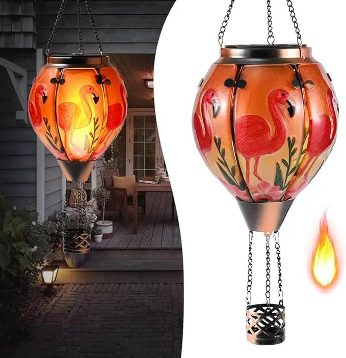 Hot Air Balloon Solar Lantern - Flamingo Bird Stained Glass Lantern with Simulated Flickering Flame, Outdoor Hanging Yard Light Waterproof IP65 & Weather Resistant for Patio Lawn Porch Decor Gfit by GreenHaven Gardens