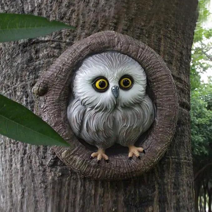 Baby Owl Resin Tree Face, Owlet Tree Hugger, Outdoor Sculpture for Tree Decorations, Whimsical Owl Garden Ornament, Tree Statue Peeker, Patio Yard Lawn Porch Decor, Durable & Waterproof Garden Present by GreenHaven Gardens